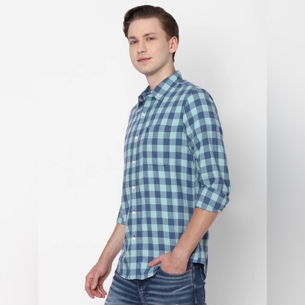 American Eagle Men's Blue/Green Checkered Shirt - Small